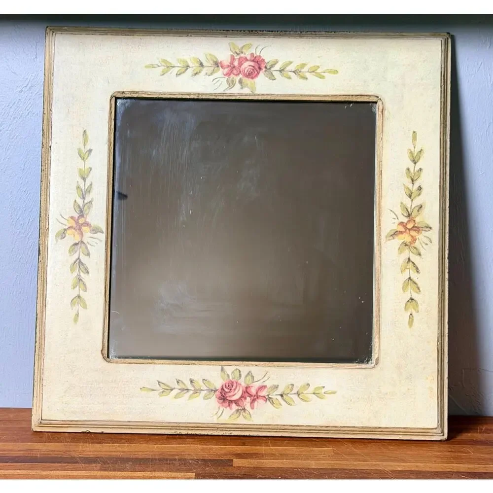 Vintage Hand-Painted Rose Floral Mirror, Cottagecore Shabby Chic Wall Decor